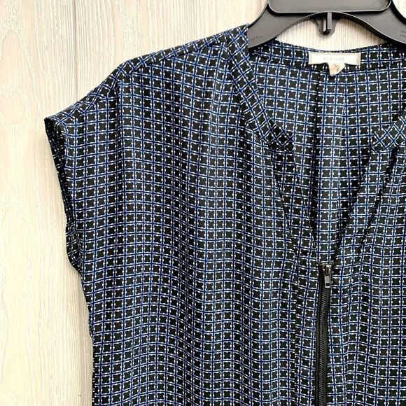 Pleione Blue Black Zip Front Short Sleeve Blouse Size Small - Picture 2 of 4
